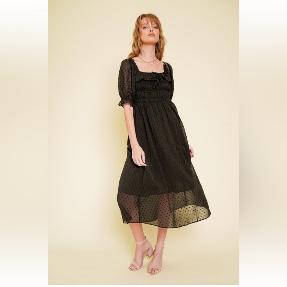 719. Hem & Thread Black Chiffon Midi Dress Smocked Ruffle Sleeve NEW Item - Picture 9 of 9